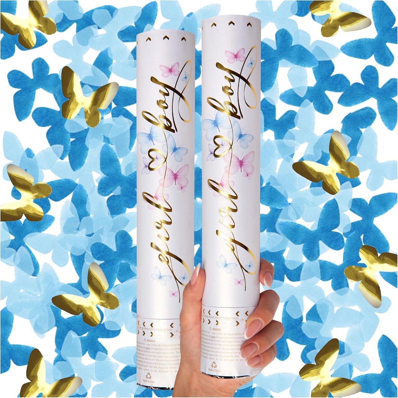 Gender Reveal Confetti Cannon - Butterfly Shaped Confetti Poppers - Blue 2 Pack - Baby Boy Gender Reveal Party Poppers Party Cannons Shooter Blaster
